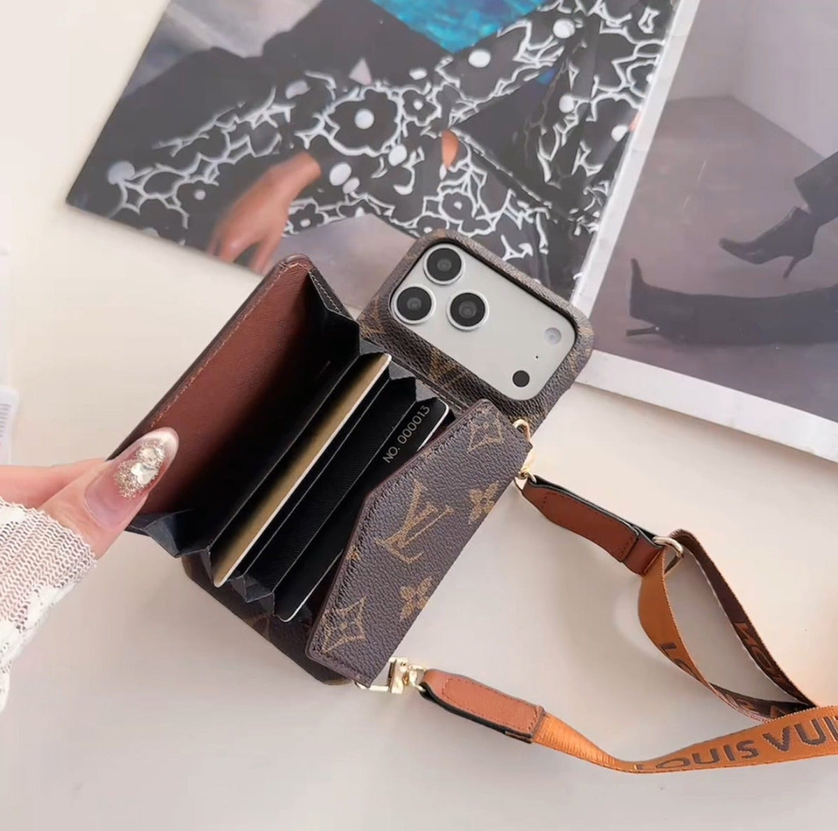 Luxury Monogram Crossbody iPhone Case | Detachable Strap · Multi-Card Wallet