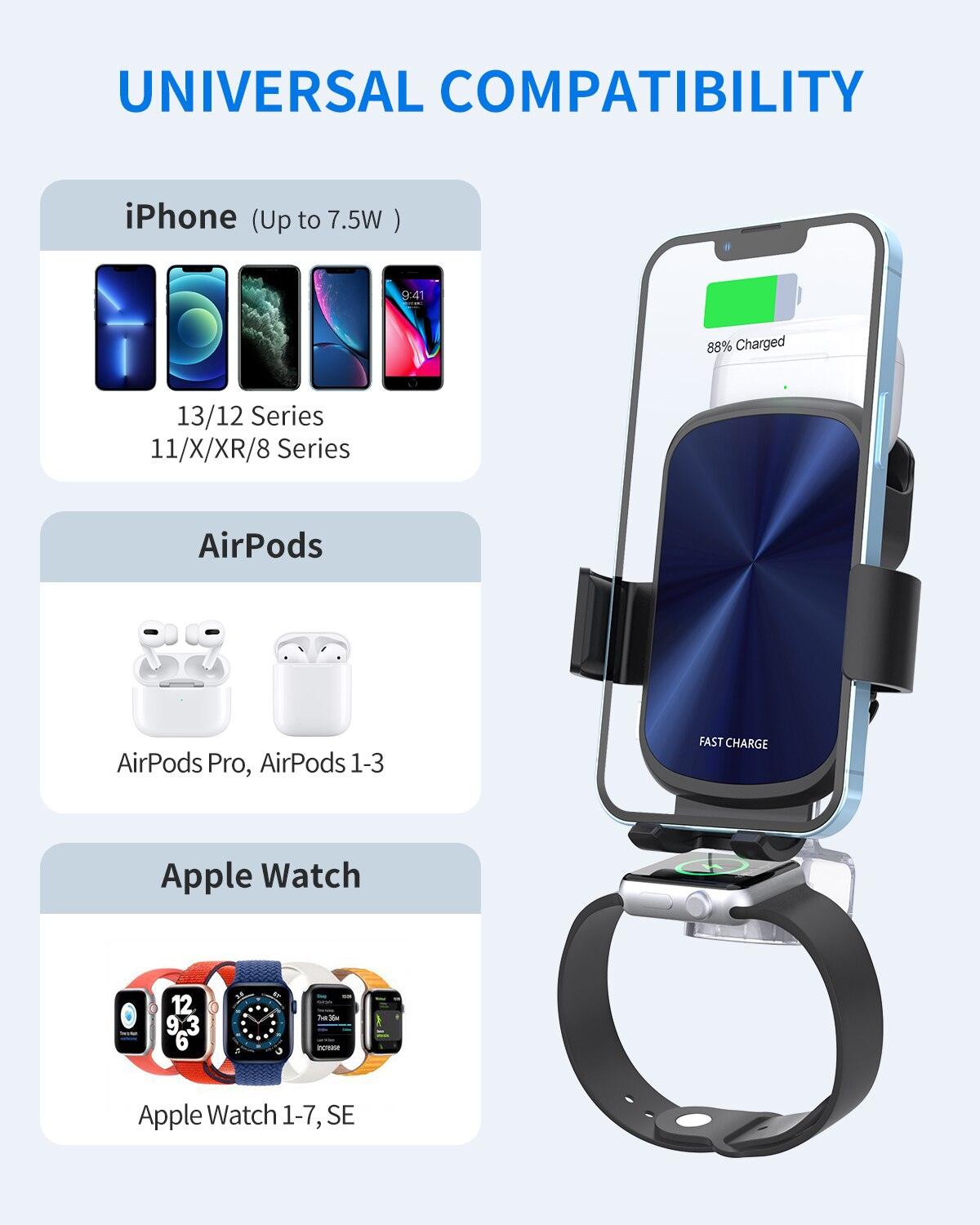 3 in 1 Wireless Car Charger for iPhone AirPods & Apple Watch