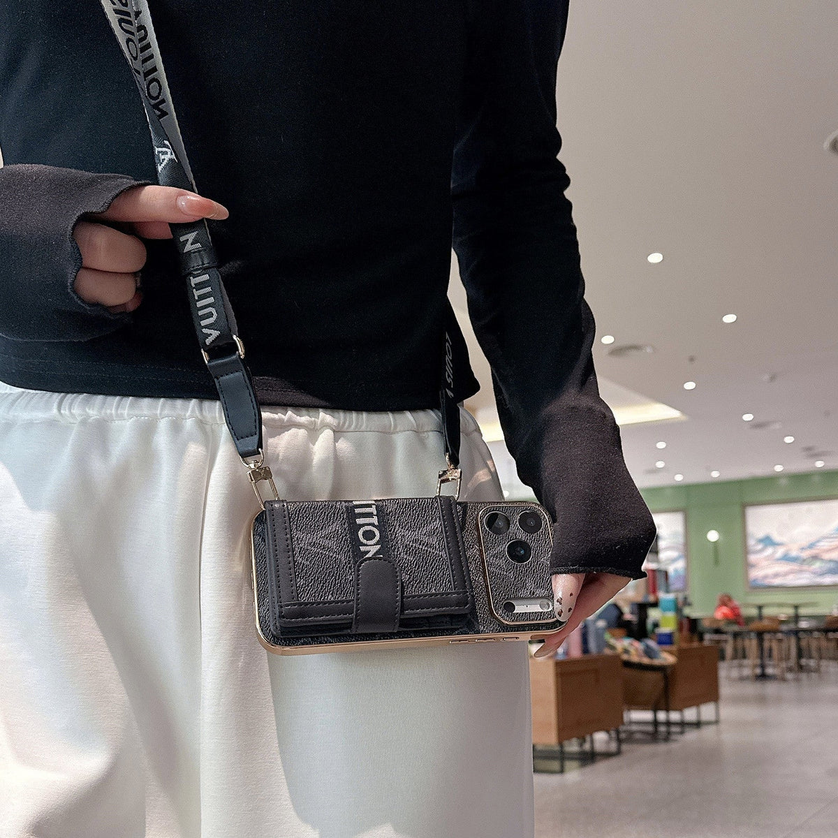 Noir Crossbody Case with Card Wallet & Adjustable Strap