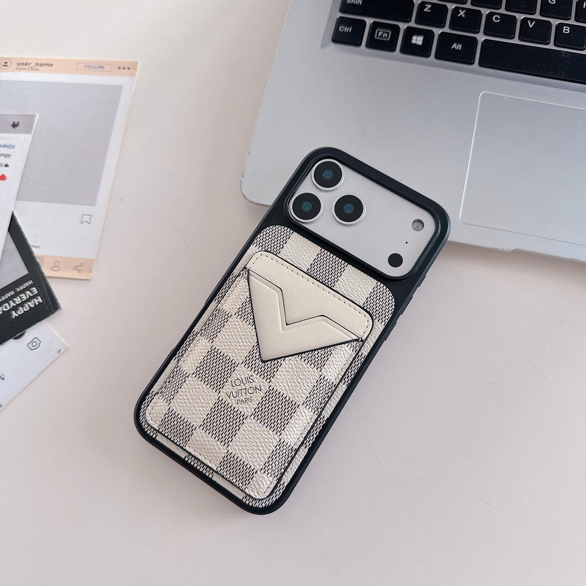 White Checkered Leather iPhone Case with V-Pocket Card Slot